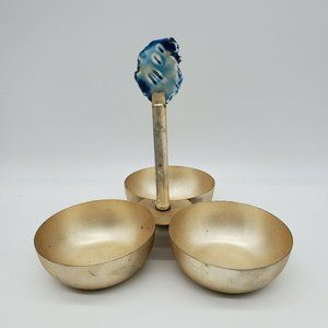 Anthropologie Triple Bowl Server Dish Alloy Metal Blue Agate Stone Boho MCM